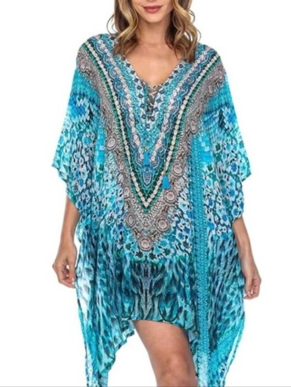 True Colours By La Moda Caftan Bling Kaftan Blue Printed V-Neck Swim Coverup